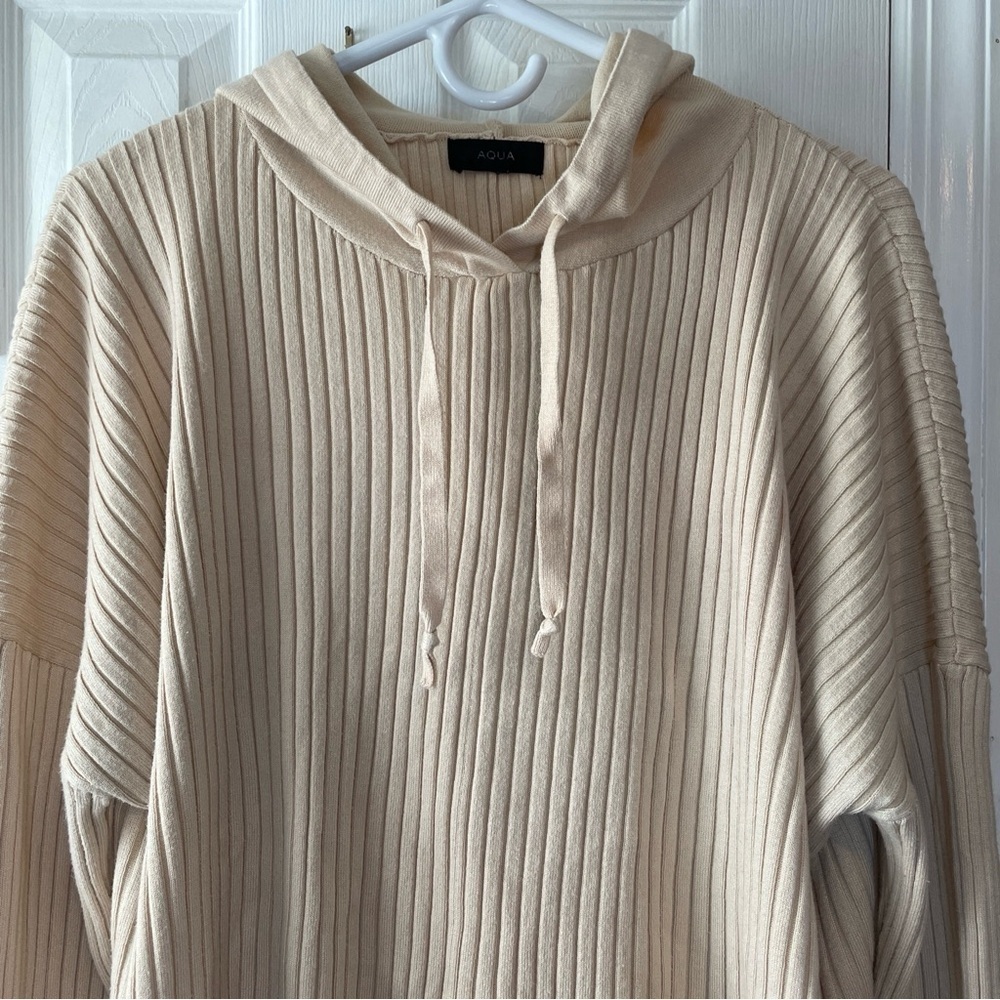 Aqua Women's XXXL Ribbed Knit Hooded Sweater Pullover Beige Drop Shoulder Loose - Picture 3 of 16